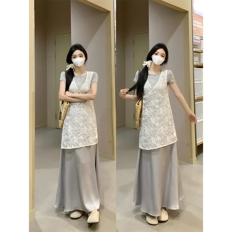 大码搭配一整套蕾丝背心连衣裙三件套小众不撞款套装