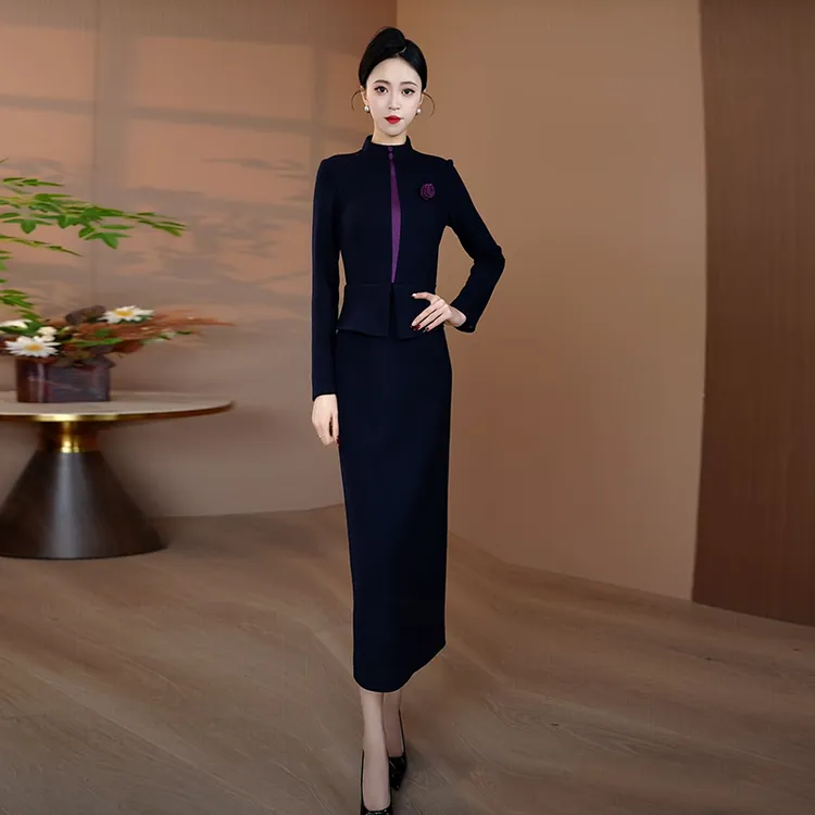 秋冬加厚毛呢连衣裙女2025新款长袖拼接修身长裙优雅时尚直筒长裙