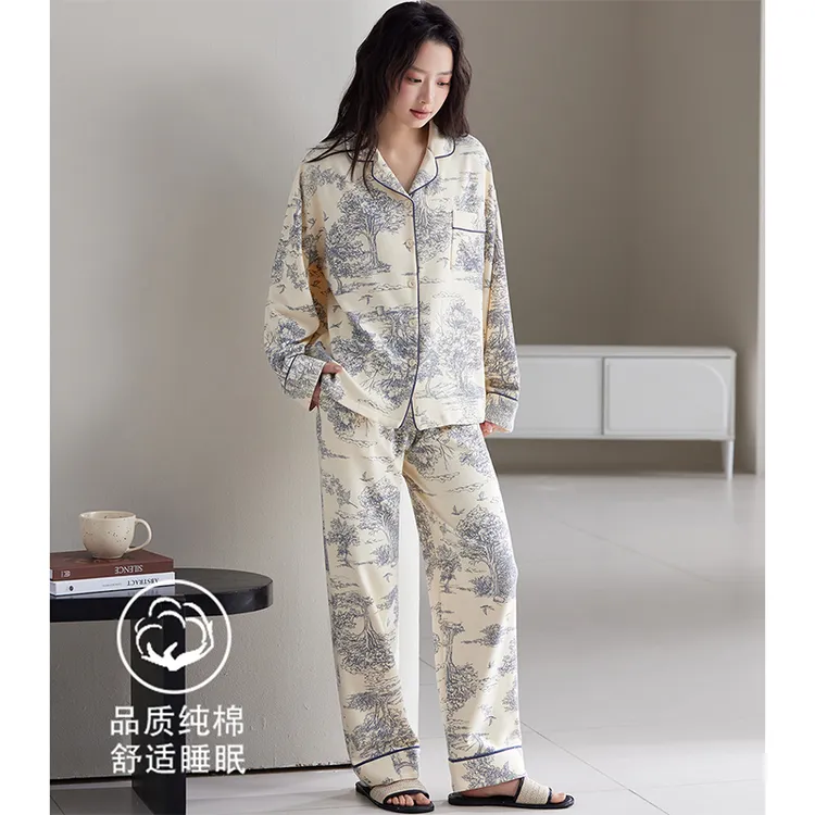 100%棉新中式翻领开衫睡衣女士春秋季可外穿纯棉水墨画国风家居服