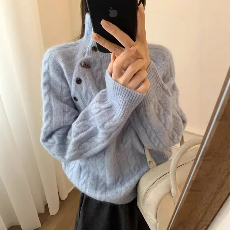 小个子灰色牛角扣羊绒毛衣打底衫女冬装可外穿加厚内搭针织衫上衣