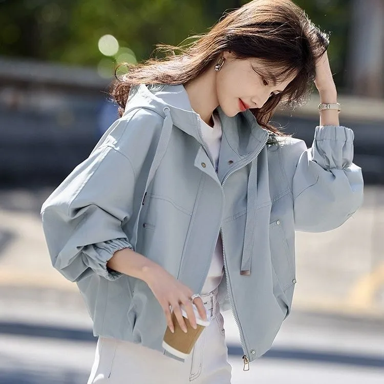 短款连帽通勤外套女2025年新款春秋款小个子宽松休闲夹克上衣