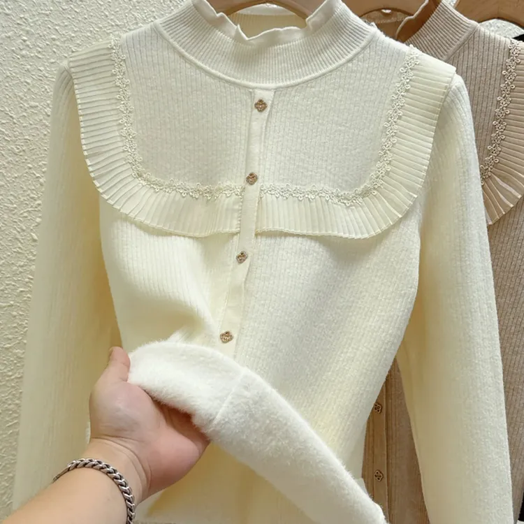 自留款推荐~一体绒打底衫加绒半高领毛衣女秋冬蕾丝针织加厚上衣