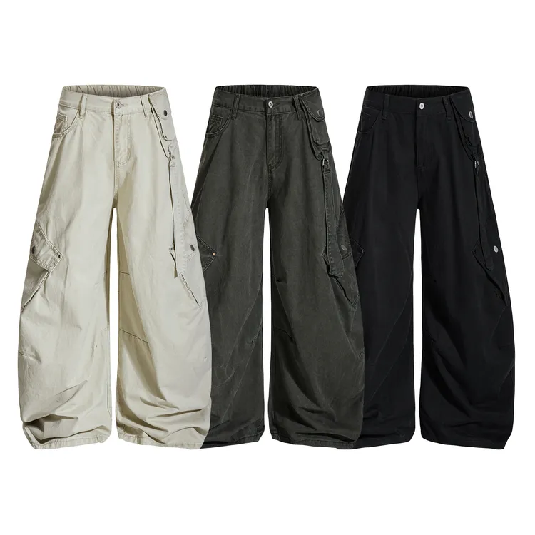 JADE QILIN 美式复古多口袋弯刀工装裤oversize潮牌阔腿长裤子