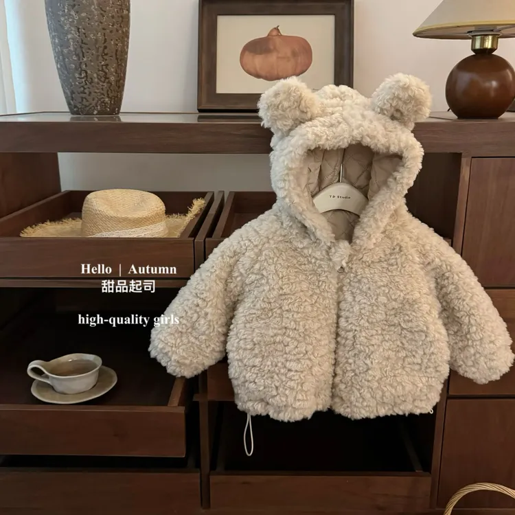 【甜品起司】小熊出没！韩国童装男女童夹棉加厚连帽毛毛衣洋气外套