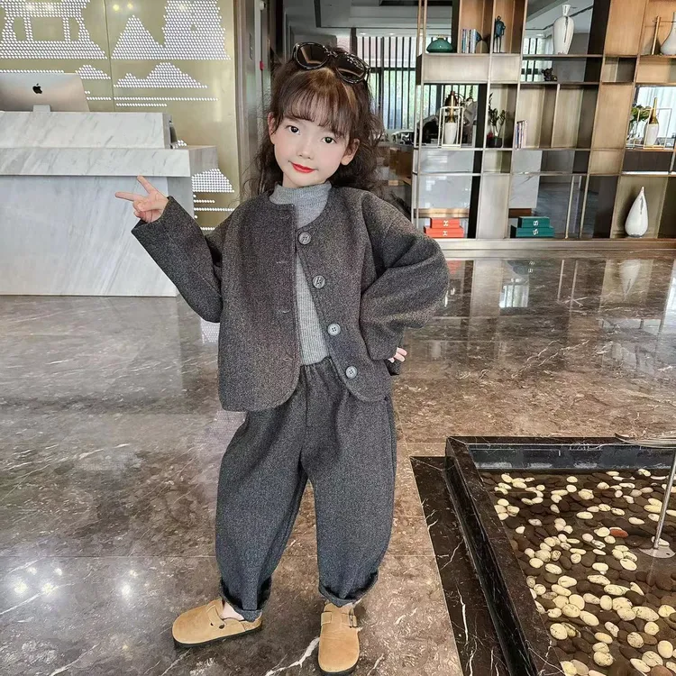 现货2025秋款秋装毛呢2件套韩系男女宝宝套装韩范2件套