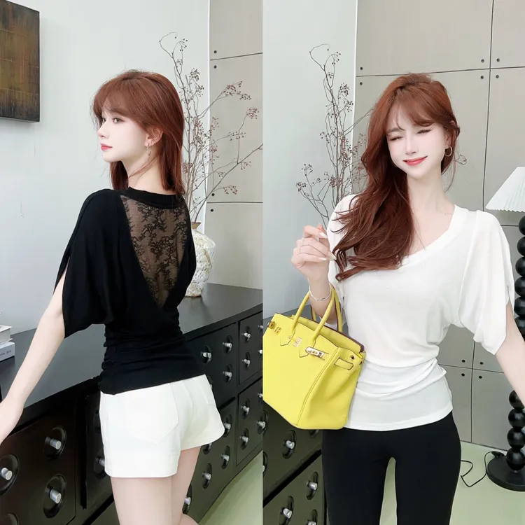 【季风氧感】露背蕾丝设计感正肩短袖T恤女独特超好看甜辣风上衣