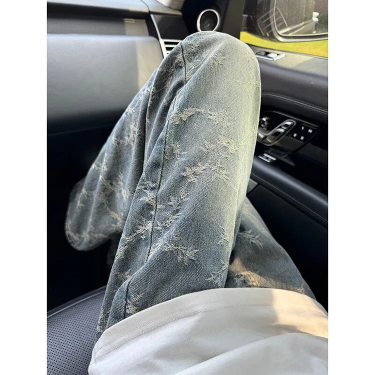 重磅复古蓝提花牛仔裤男款春秋设计感裤子美式高街vibe直筒微喇裤