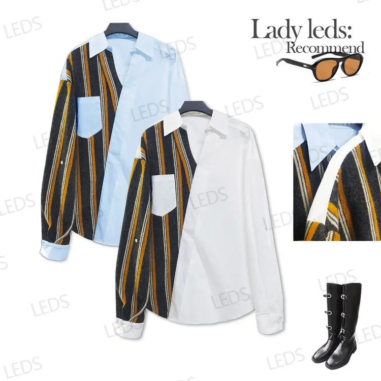 LEDS 8506【复古微通勤】美式撞色竖条纹拼接不规则衬衫女款