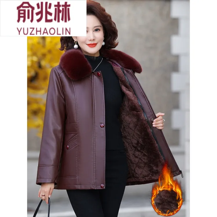 俞兆林妈妈冬季皮衣加绒加厚外套新款中老年女装PU皮夹克保暖