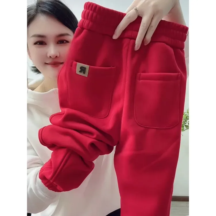 冬季加绒加厚卫裤小个子束脚裤女高腰显瘦时尚百搭休闲九分运动裤