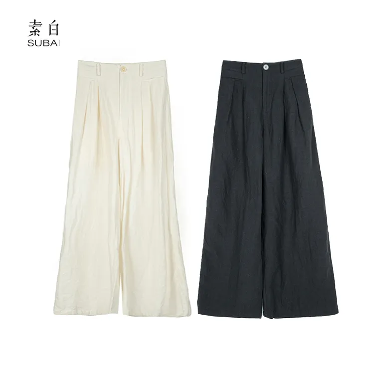 素白时尚百搭【玄麻】K00935松紧腰高腰显瘦100%进口雨露亚麻阔腿裤