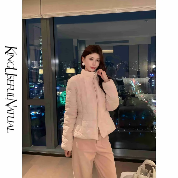 KUN【女明星】轻甜出片 绗棉蝴蝶结收腰立领粉色90白鹅绒轻薄羽绒服