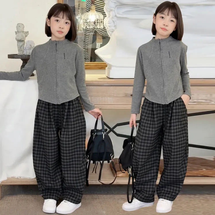 春秋外套厚款女童格子纯色秋季套装洋气学院风上衣百搭休闲洋气