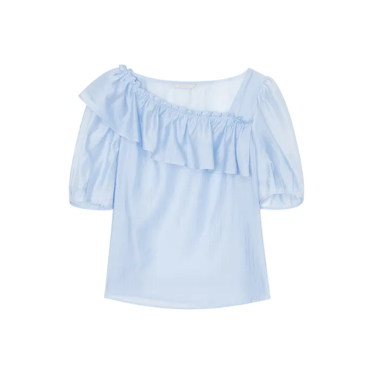飘蕾夏季新款时尚复古斜领荷叶边雪纺衫上衣DJ4109605
