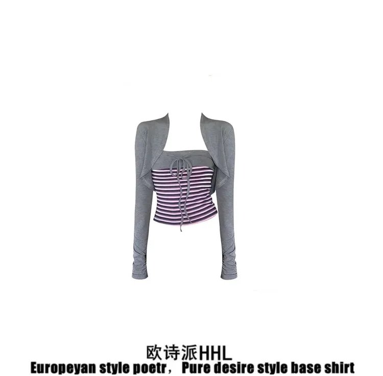 韩系氛围感巨好看的穿搭一整套女早秋季针织开衫抹胸上衣两件套装