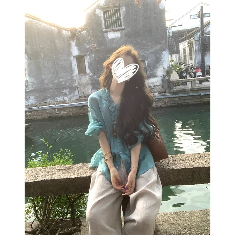 三色慵懒感莱赛尔衬衫上衣女+松弛慵懒感长裤两件套21877#