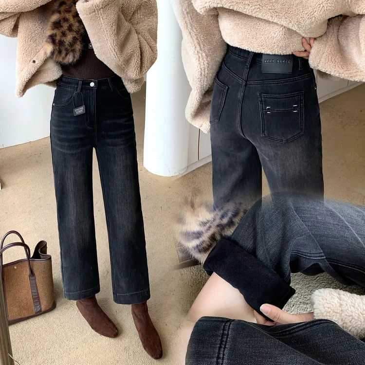美思源小个子加绒牛仔裤女九分2025秋冬新款黑色显瘦保暖加厚直筒