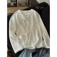 SP 极简韩版亨利领麻感棉长袖T恤松弛感显瘦插肩袖圆领打底衫秋季