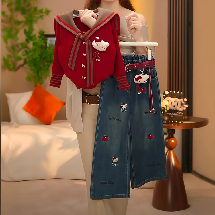 女童KT猫套装春秋季2025新款儿童毛衣外套女孩秋装牛仔裤两件套