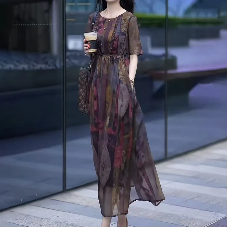 夏季新款气质遮肚显瘦系带中长款连衣裙2