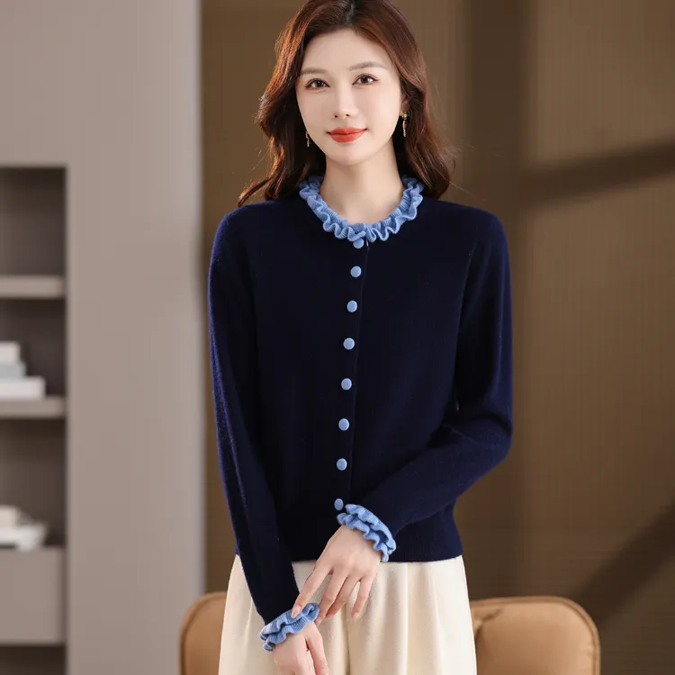 法式设计感撞色木耳边针织开衫女2025新款宽松显瘦洋气外套毛衣潮