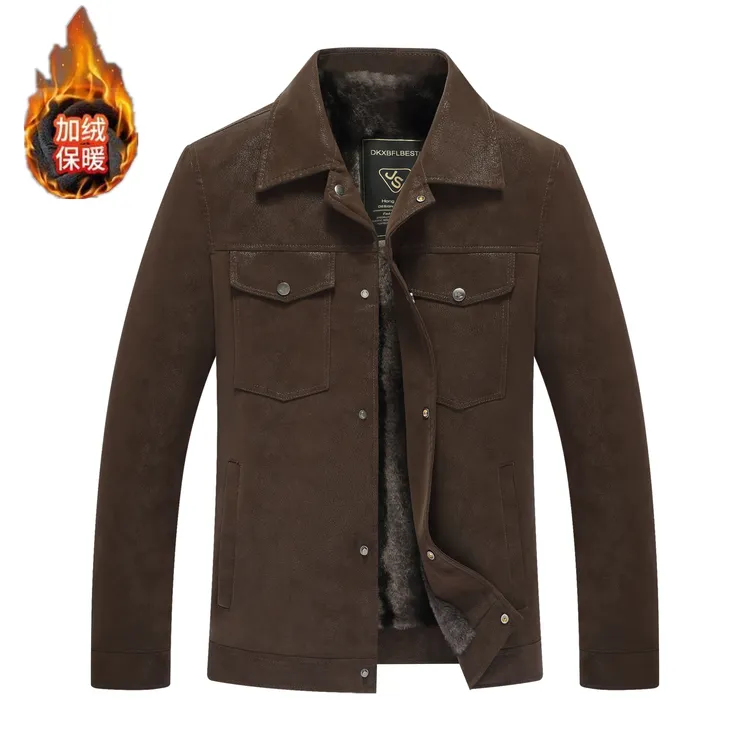 翻领冬季保暖中青年男士商务复古皮衣加绒百搭商务韩版修身时尚