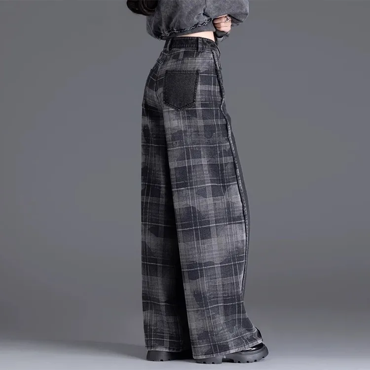 英伦风格子阔腿裤2025新秋冬加绒牛仔裤女小个子宽松休闲直筒裤子