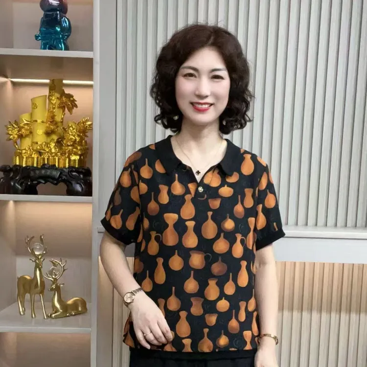 妈妈装流行欧若拉时尚潮牌女装宽松夏装女士独特漂亮上装休闲短袖