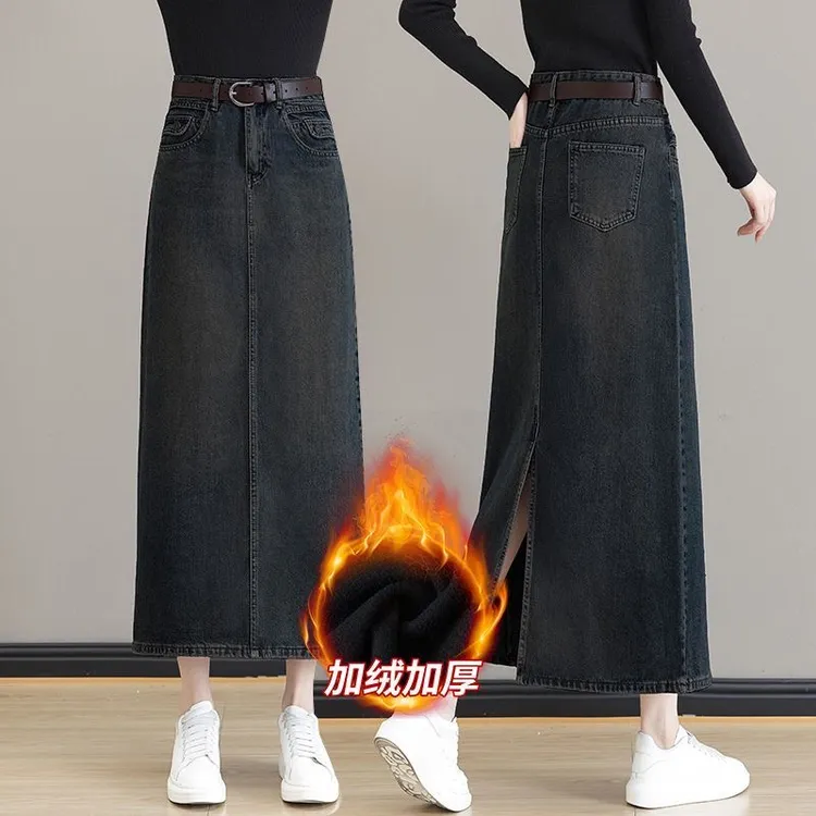 加绒复古开叉牛仔半身裙秋冬新款中长款修身显瘦弹力包臀一步裙子