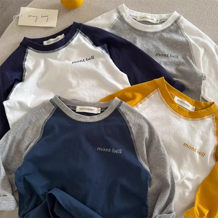 男童女童纯棉长袖T恤春秋新品童装宝宝韩版撞色字母拼接打底衫潮