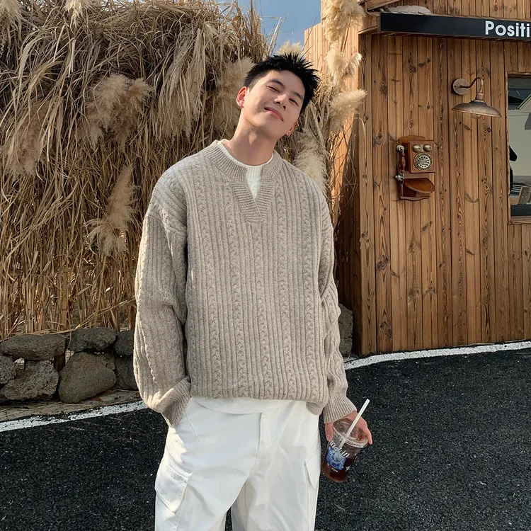 Holocene美式潮牌立体肌理感假两件领套头毛衣男宽松针织衫DF8430