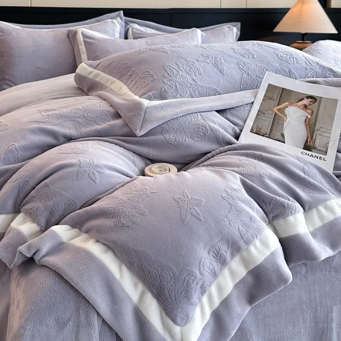 商端大气宽边牛奶绒四件套 用1.5和1.8床加绒毛绒加厚纯色轻奢