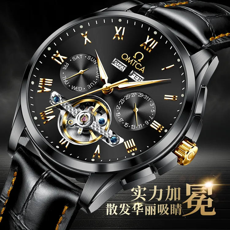 瑞士正品男士手表多功能夜光机械手表真皮商务时尚表ENJOYEE