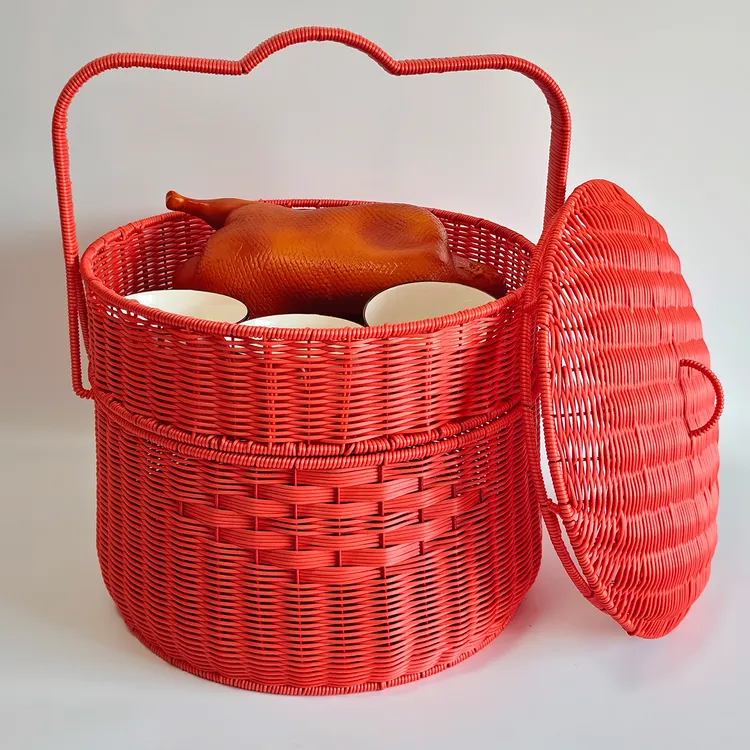 红色喜庆手提篮圆形双层拜拜篮隔层祠堂贡品拜神祭祖结婚喜事箩筐