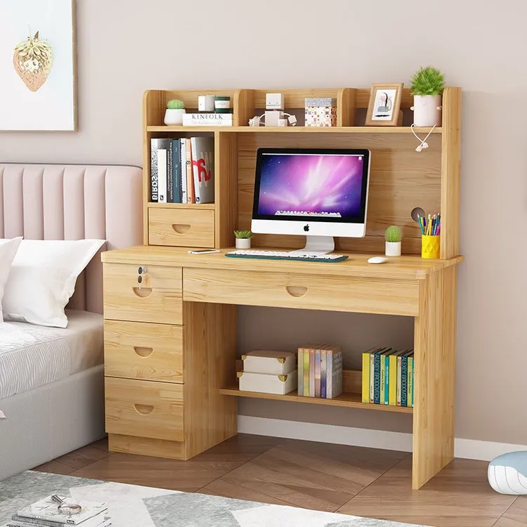 实木书桌课桌椅电脑桌儿童学习桌带书架组合原木卧室漆松木桌