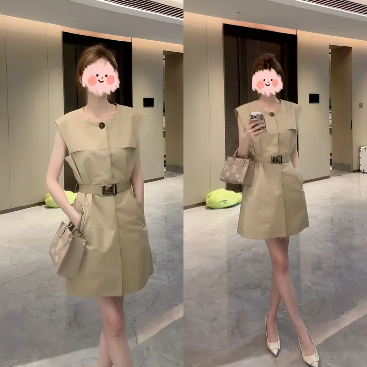  2025夏季新款轻奢气质休闲时尚圆领无袖收腰连衣裙女洋气穿搭女