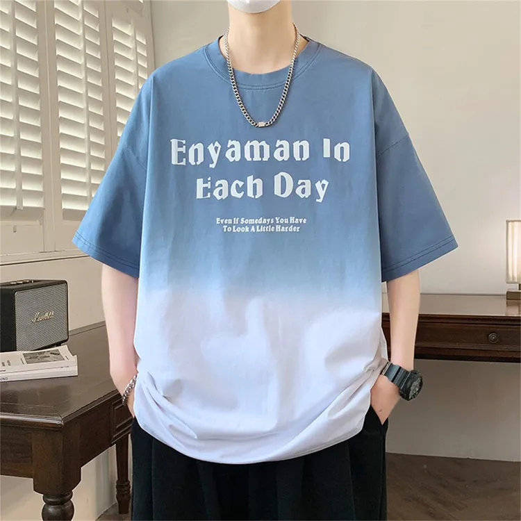 渐变色短袖t恤男生夏季2025新款美式潮牌字母半袖青少年帅气体恤