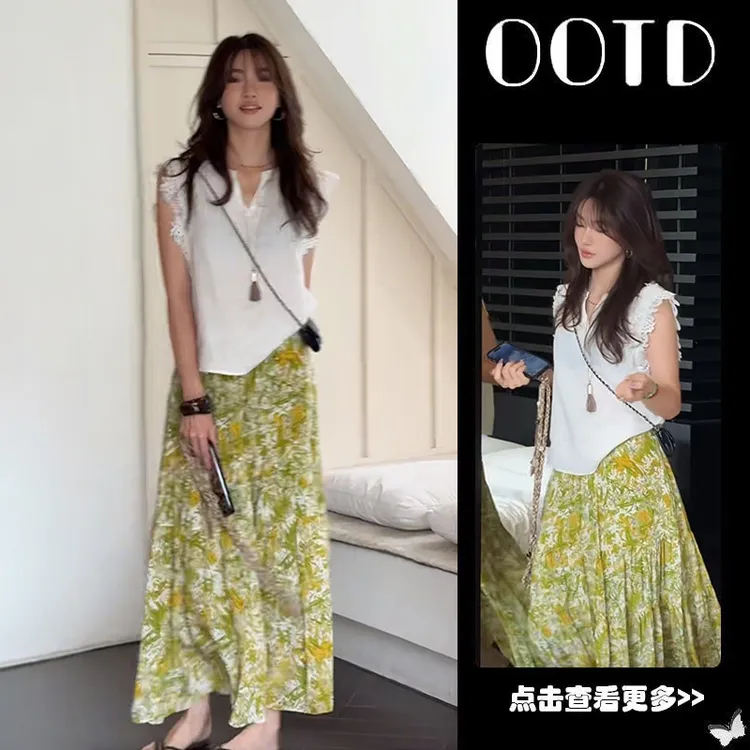 【现货】夏流行穿搭一整套女2025新款白色蕾丝衬衫碎花半身裙两件套