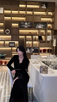 鸽子的衣橱（暗夜星辰）丝绒黑色经典翻领长袖衬衫10099