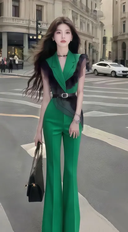 时尚新款绿色无袖V领修身收腰上衣+绿色百搭显瘦长裤女高级两件套