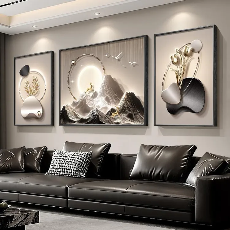 现代轻奢客厅装饰画高级感背有靠山沙发背景墙挂画高档三联组合画
