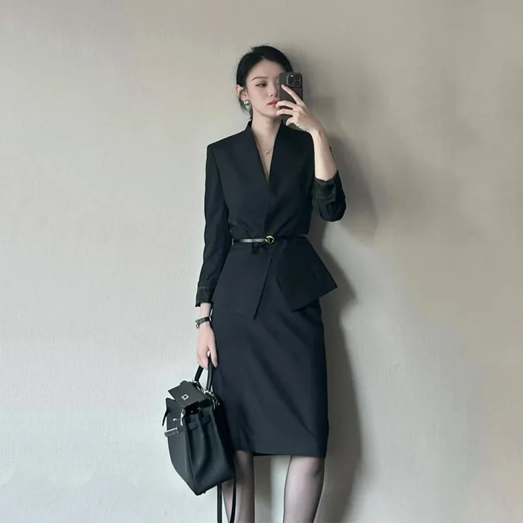 春秋气质黑色西装套装显瘦气质工作服律政俏佳人时髦半身裙两件套