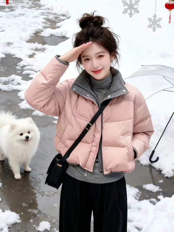 2025新款巨好看的加厚粉色短款夹棉洋气保暖棉服外套女款冬季棉袄