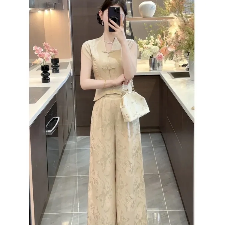 夏季新款新中式气质时尚国风上衣高腰显瘦阔腿裤子两件套