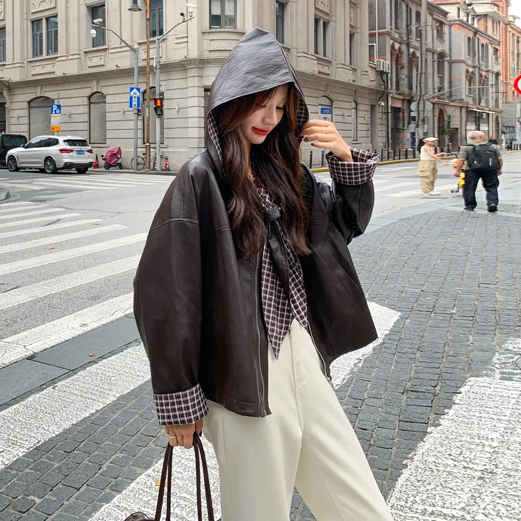 格纹撞色拼接连帽皮衣外套女2025春秋新款小个子宽松百搭短款上衣
