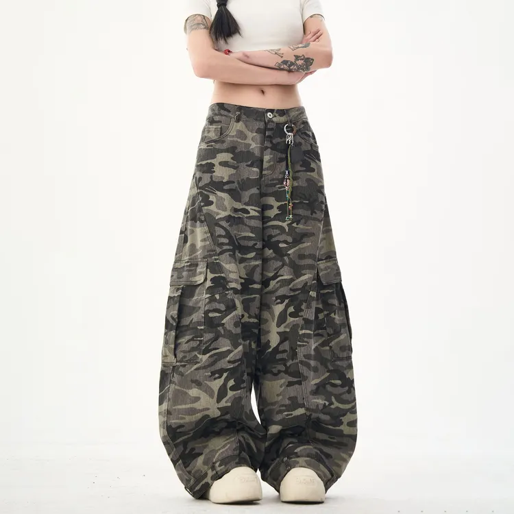 MAXME美式复古迷彩阔腿工装潮牌宽松反穿设计感迷彩工装裤女