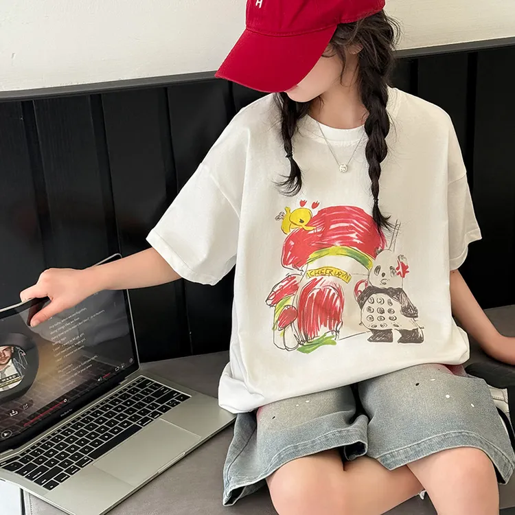 女童短袖T恤夏季休闲宽松上衣儿童简约半袖夏天T恤大童夏装