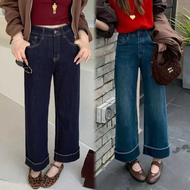四面弹窄版阔腿牛仔裤秋新款小个子胖mm腿粗显瘦卷边九分直筒裤女