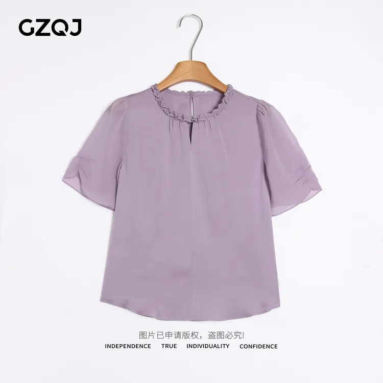 老琴私服【紫雾绸语】桑蚕丝欧若风花边袖子褶皱短袖上衣女夏款6214