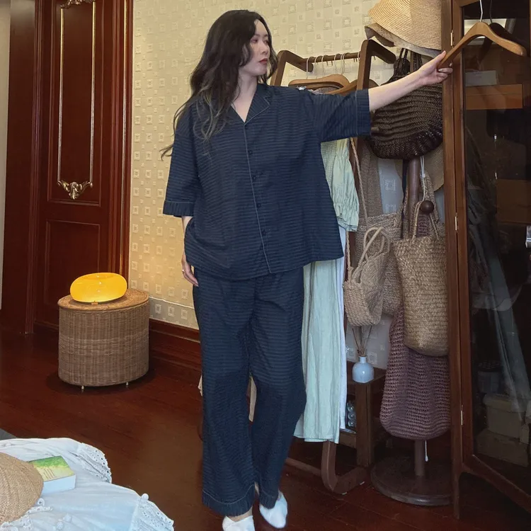 春夏季新款女士竹节棉睡衣短袖短裤宽松可外穿纯棉条纹家居服套装